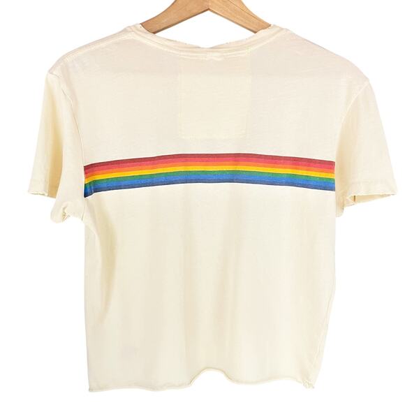 AVIATOR NATION Rainbow 7-Stripe Cropped Distressed Tee Size S ASO Shelby Simmons - Picture 6 of 8